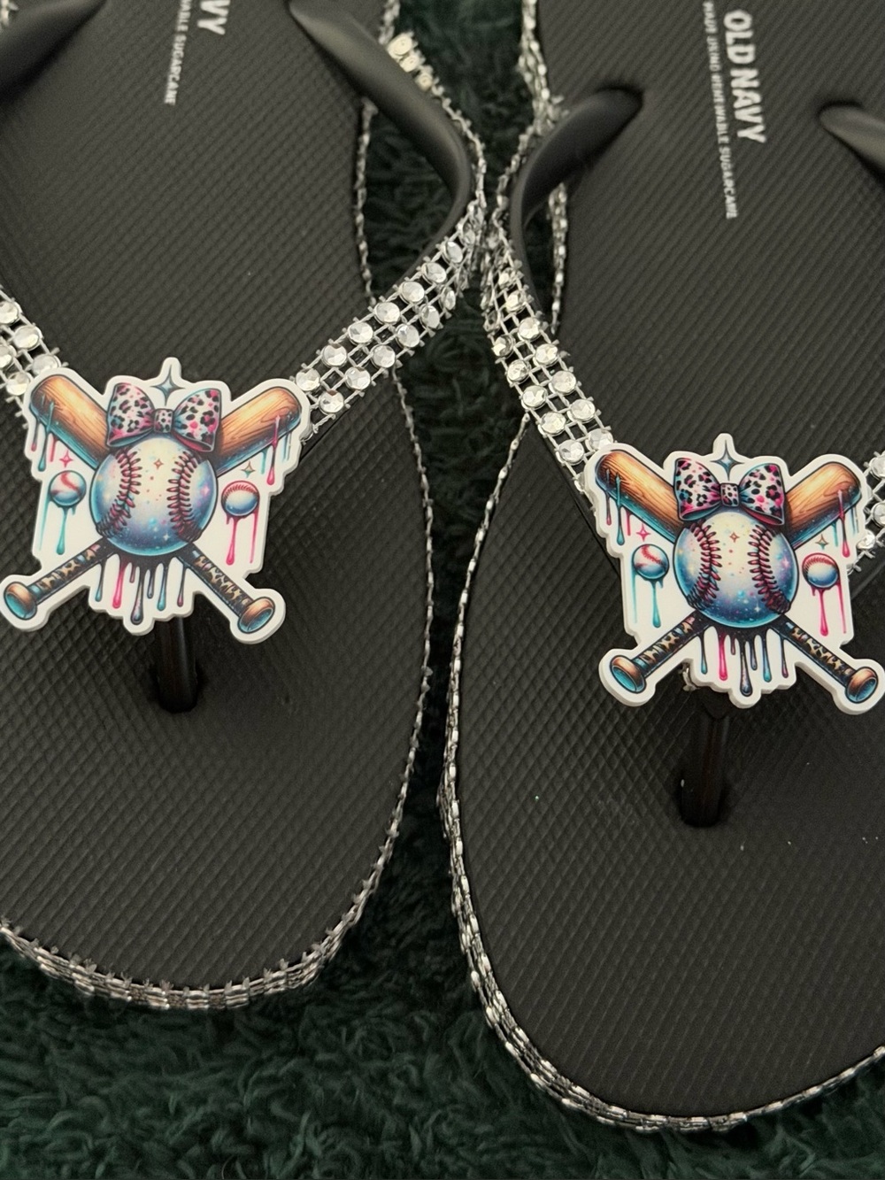 Black Rhinestone Flip Flops with Colorful Baseball Charm